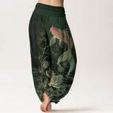 Pantalon à taille élastique motif lotus et carpes koï