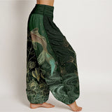 Pantalon à taille élastique motif lotus et carpes koï
