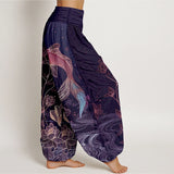 Pantalon à taille élastique motif lotus et carpes koï