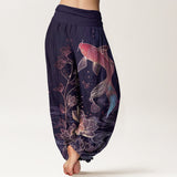 Pantalon à taille élastique motif lotus et carpes koï