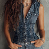 Chemise en jean sans manches froncée bleu rétro