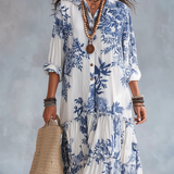 Robe longue bohème boutonnée à fleurs bleues