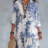 Robe longue bohème boutonnée à fleurs bleues