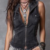 Gilet en jean vintage à glissière devant et ourlet effiloché