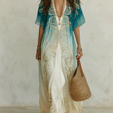 Robe longue kaftan ombrée bleu sarcelle et aigue-marine, style brise côtière élégante