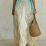 Robe longue kaftan ombrée bleu sarcelle et aigue-marine, style brise côtière élégante