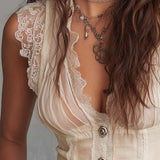 Haut bustier amincissant froncé sans manches à volants, bordure en dentelle et boutonnage sur le devant