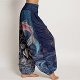 Pantalon à taille élastique motif lotus et carpes koï