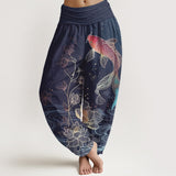 Pantalon à taille élastique motif lotus et carpes koï