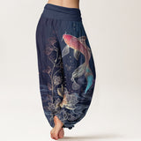 Pantalon à taille élastique motif lotus et carpes koï