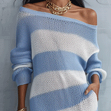 Robe longue maxi en maille bohème rayée bleu ciel à épaules dénudées