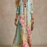 Robe longue en mousseline vert menthe imprimé floral style baroque