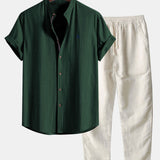 Chemise à manches courtes en aspect lin avec col officier et pantalon droit en lin