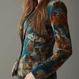 Blazer ajusté vintage en velours bleu sarcelle à motifs floraux