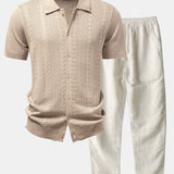 Chemise boutonnée en maille jacquard torsadée et pantalon droit en lin