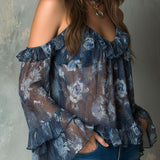 Blouse bohème bleu nuit à volants transparents et motifs floraux, coupe Bardot