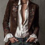 Blazer vintage en daim marron avec détails brodés