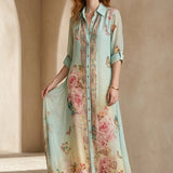 Robe longue en mousseline vert menthe imprimé floral style baroque