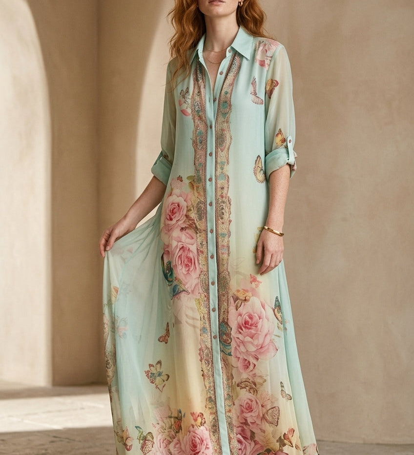Robe longue en mousseline vert menthe imprimé floral style baroque
