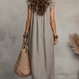 Robe longue bohème sans manches à volants et col en V