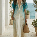 Robe longue kaftan ombrée bleu sarcelle et aigue-marine, style brise côtière élégante