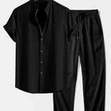 Chemise à manches courtes effet lin à col droit et pantalon droit texturé froissé