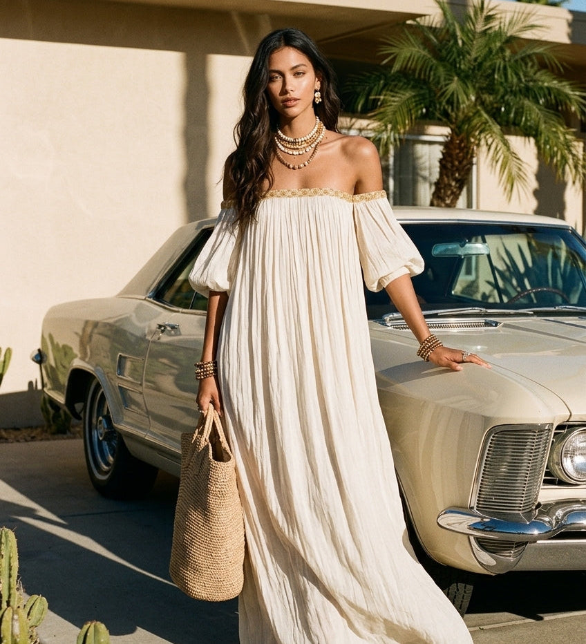 Robe longue plissée ivoire style bohème à épaules dénudées