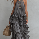 Robe longue élégante grise à volants superposés romantique