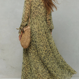 Robe Bohème Longue en Chiffon Imprimé Léopard Vert Olive à Manches Longues