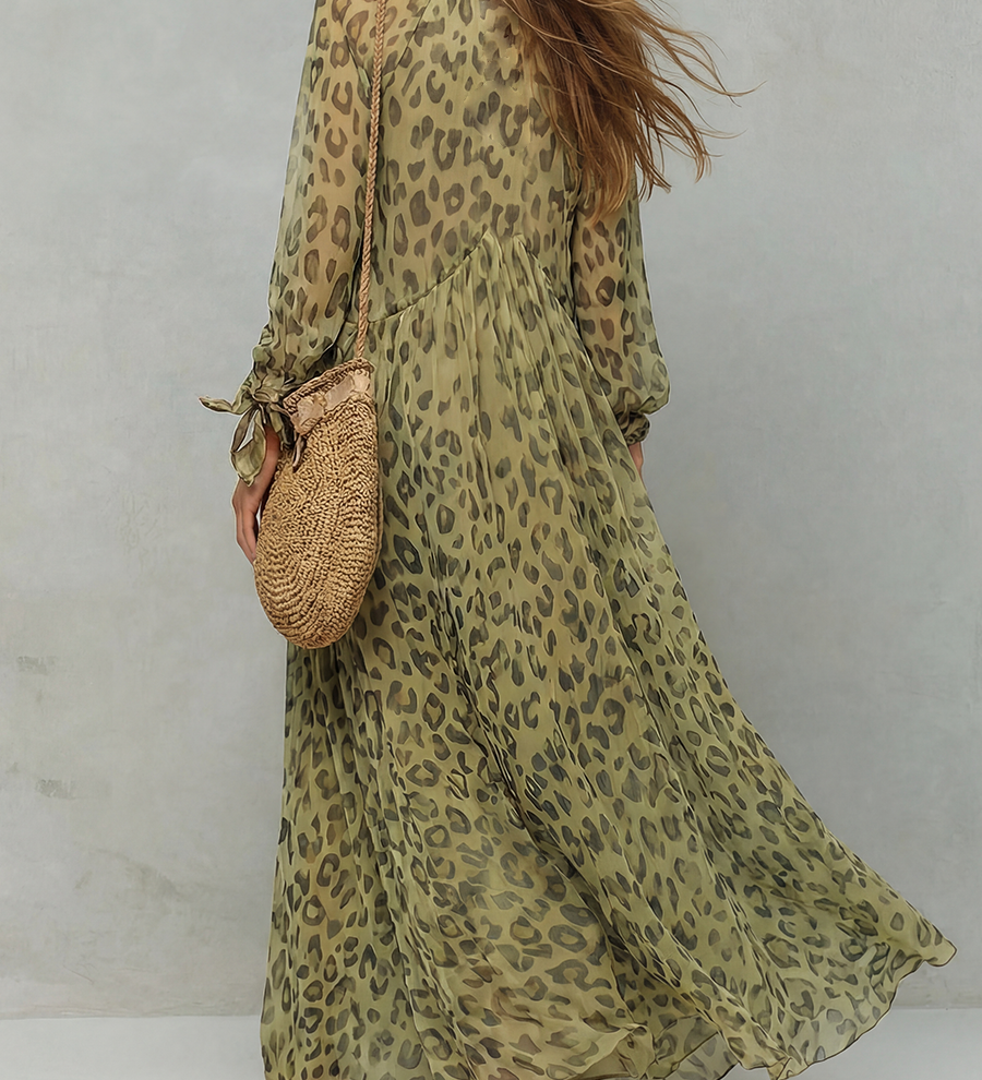 Robe Bohème Longue en Chiffon Imprimé Léopard Vert Olive à Manches Longues