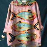 Eliza | Chemise décontractée vintage pour femme à imprimé artistique de poisson