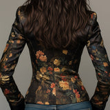 Blazer ajusté en satin à imprimé floral style peinture à l'huile élégant
