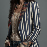 Blazer rayé en coton et lin à imprimé floral bohème