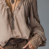 Blouse en coton et lin à col plissé volanté facile à porter
