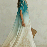 Robe longue kaftan ombrée bleu sarcelle et aigue-marine, style brise côtière élégante