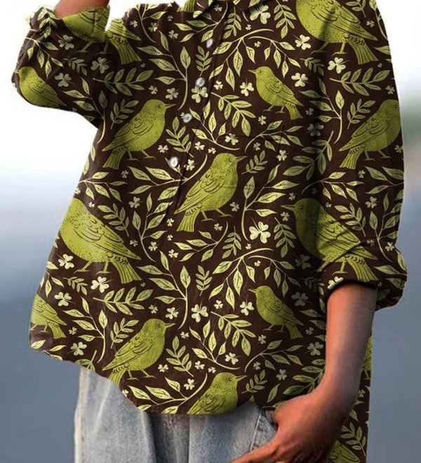 Victoria | Chemise décontractée femme à imprimé floral vintage et oiseaux