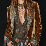 Blazer vintage à patchwork de velours polyester à motif floral avec revers