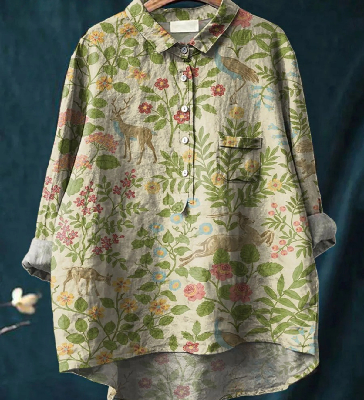 Géorgie | Chemise décontractée vintage pour femme avec imprimé artistique floral animalier