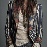 Blazer rayé en coton et lin à imprimé floral bohème