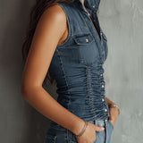 Chemise en jean sans manches froncée bleu rétro