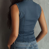 Chemise en jean sans manches froncée bleu rétro