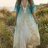 Robe longue kaftan ombrée bleu sarcelle et aigue-marine, style brise côtière élégante