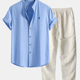 Chemise à manches courtes en aspect lin avec col officier et pantalon droit en lin