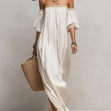 Robe longue plissée ivoire style bohème à épaules dénudées