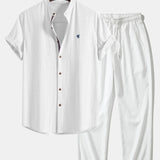Chemise à manches courtes effet lin à col droit et pantalon droit texturé froissé