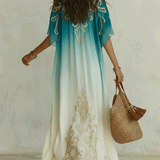 Robe longue kaftan ombrée bleu sarcelle et aigue-marine, style brise côtière élégante