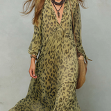 Robe Bohème Longue en Chiffon Imprimé Léopard Vert Olive à Manches Longues