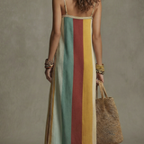 Robe longue bohème à rayures et blocs de couleur, à fines bretelles