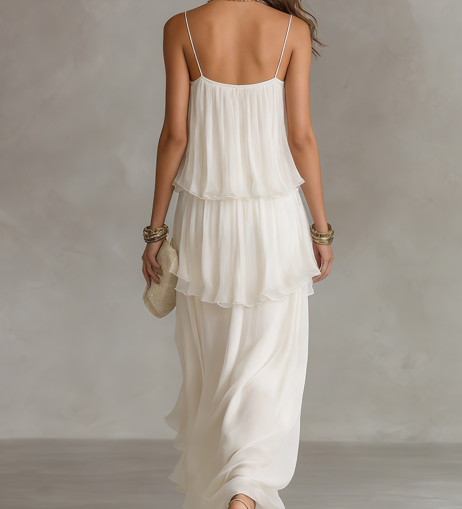 Robe longue romantique en mousseline étagée transparente