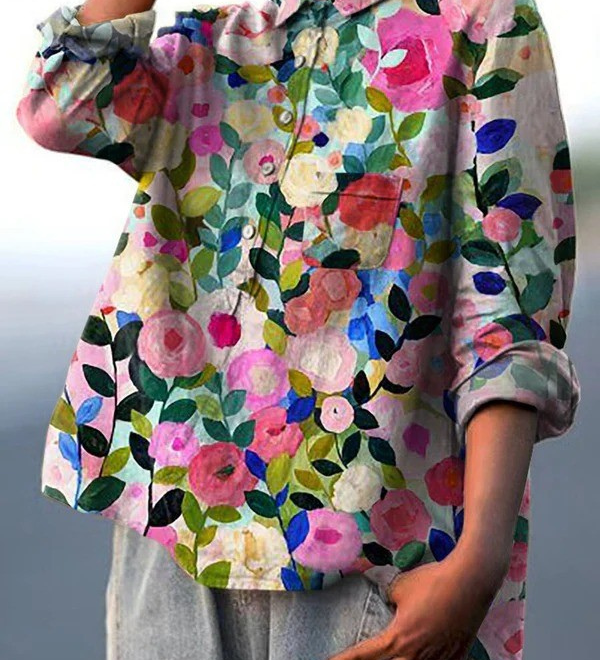 Leah | Chemise décontractée pour femme imprimé jardin floral coloré de printemps